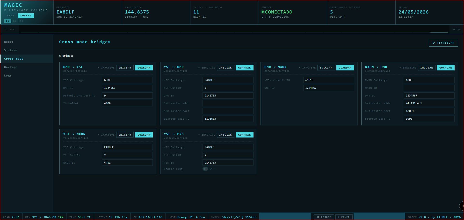 Pantalla de configuración de puentes cross-mode en MAGEC