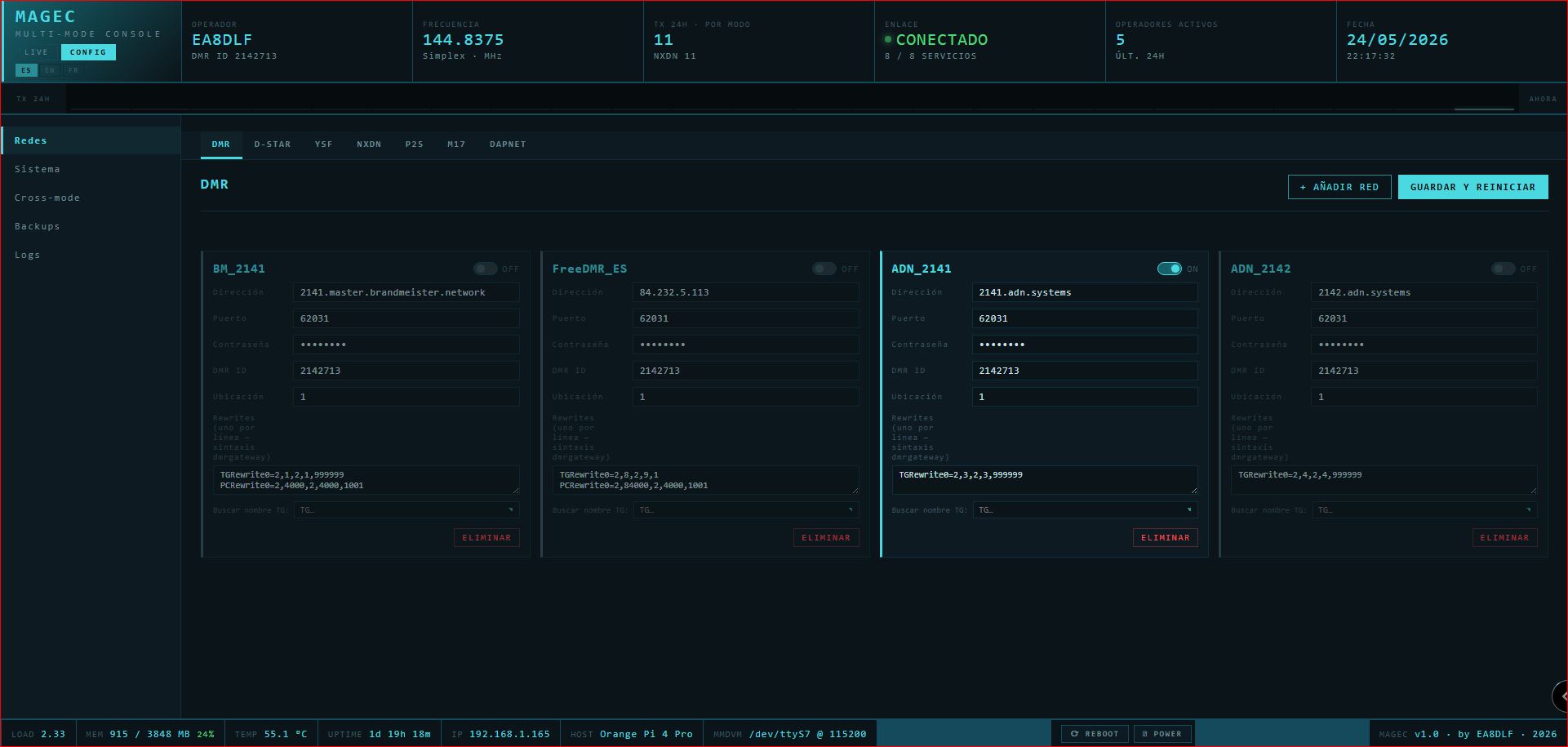 Pantalla de configuración de redes DMR en MAGEC