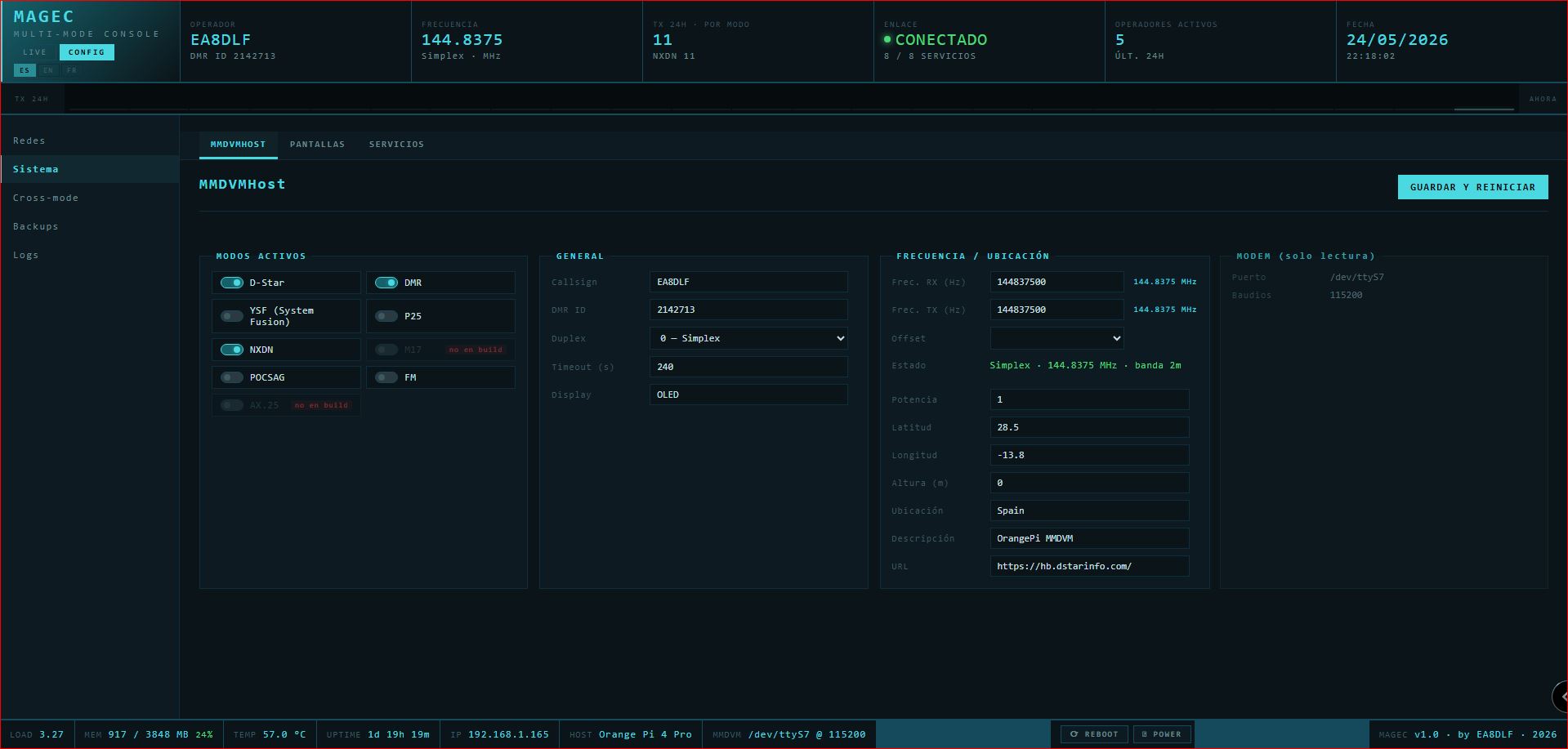 Pantalla de configuración de MMDVMHost en MAGEC